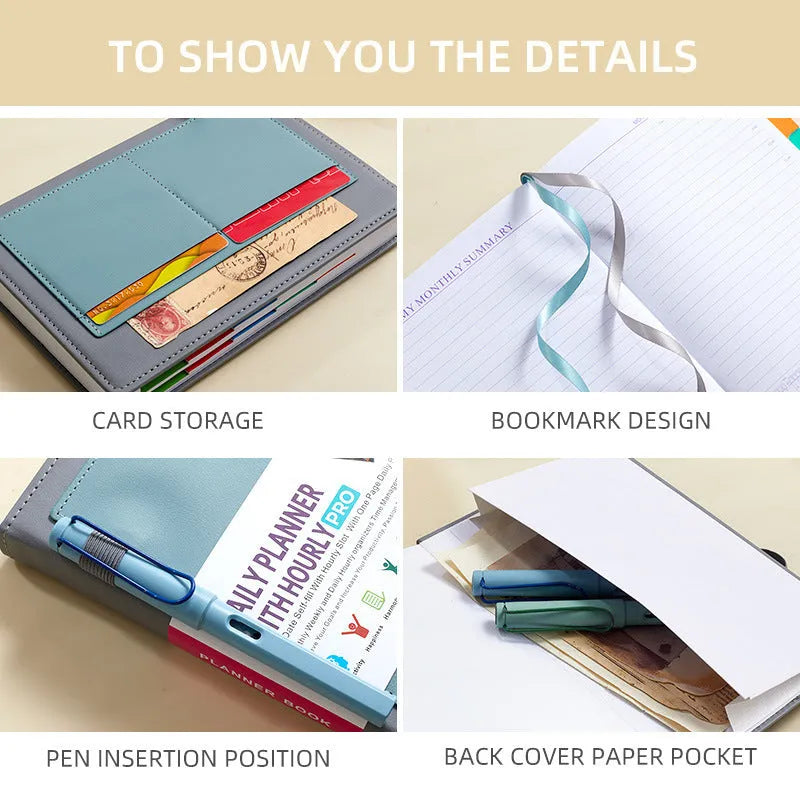 A5 no-date notebook with soft PU cover shown in purple, green, grey, black, pink, and orange, with planning stickers
