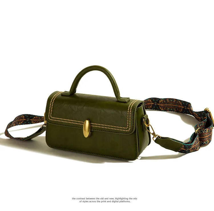 Brown retro messenger bag with square vertical design showing mobile phone and file compartments
