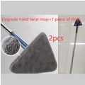 Extendable triangle mop with rotating blue head and stainless steel pole for cleaning corners and walls