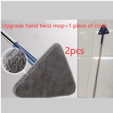 Extendable triangle mop with rotating blue head and stainless steel pole for cleaning corners and walls