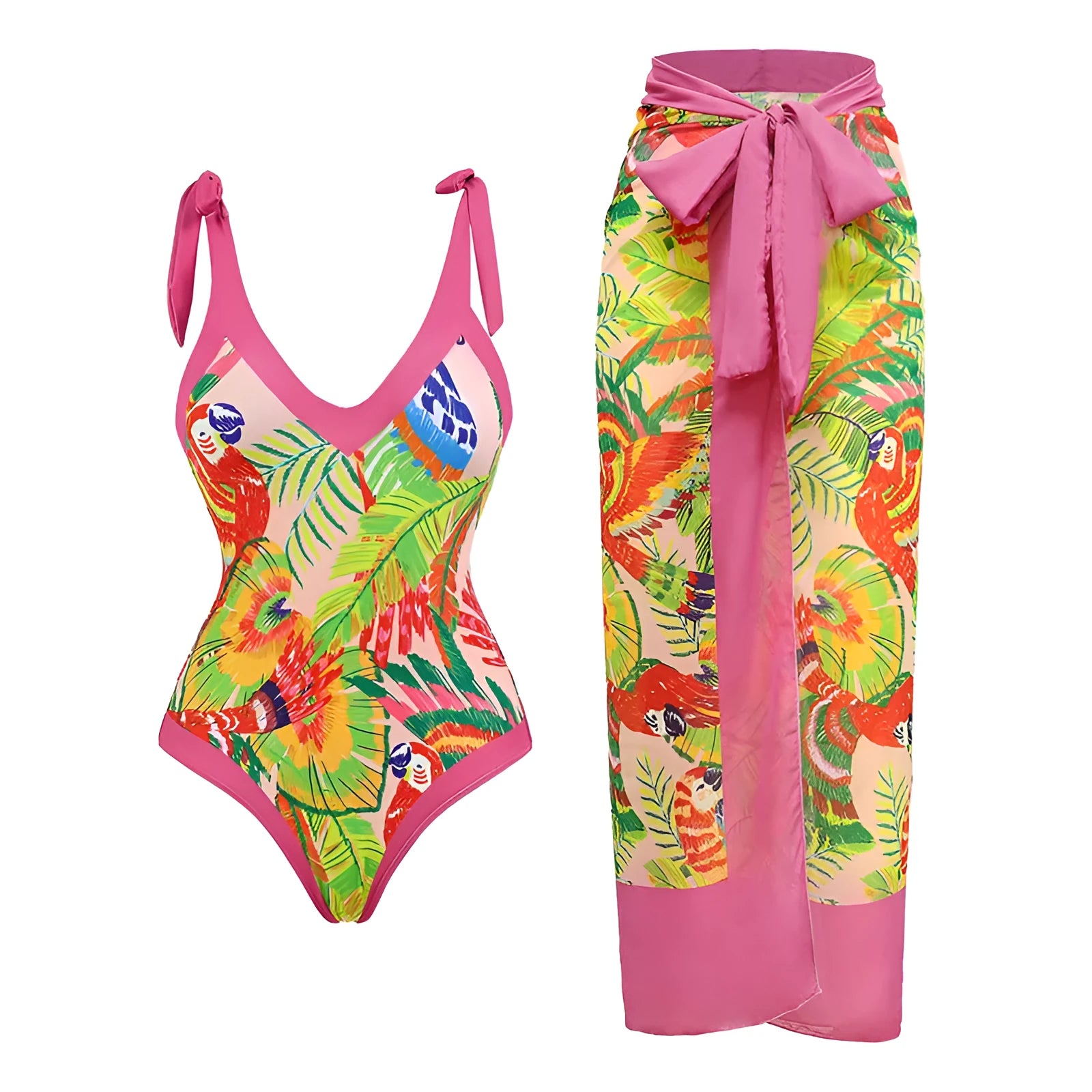 Women's solid colour one-piece swimsuit with spaghetti straps and a removable skirt attached