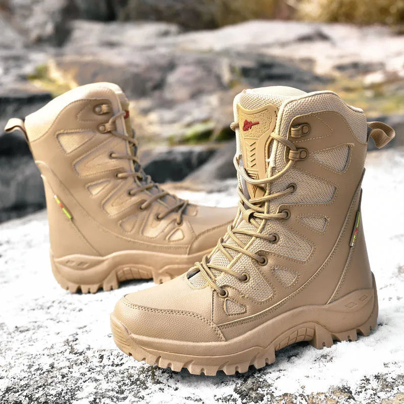 Men's cowhide hi-top hiking shoes in beige, a breathable platform sneaker for outdoor activities.