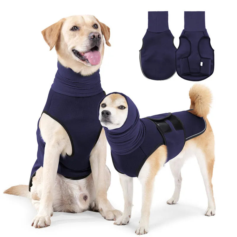 Polyester dog anti-anxiety jacket in army green or dark blue colour options