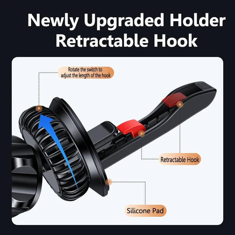 Silver and black magnetic car phone holder with alloy bracket attached to vehicle air vent