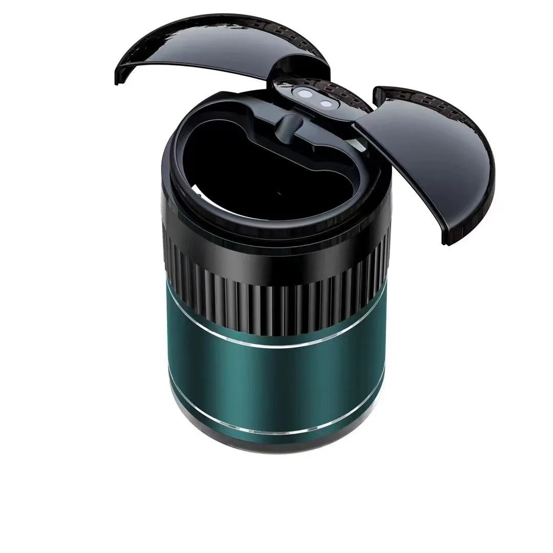 Black automatic sensing touch infrared metal car ashtray with lid on a car console.