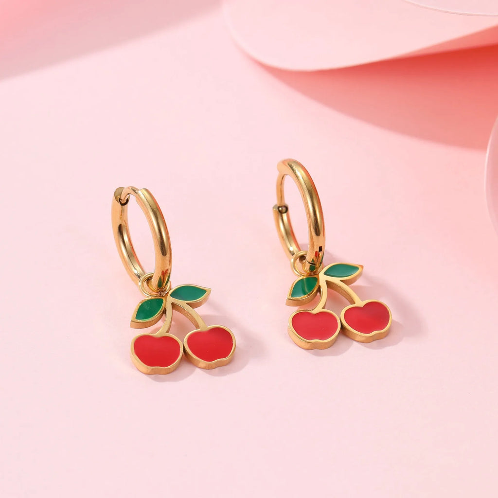 Cherry-shaped stainless steel jewellery set with necklace, bracelet, earrings, and ring 18K gold-plated