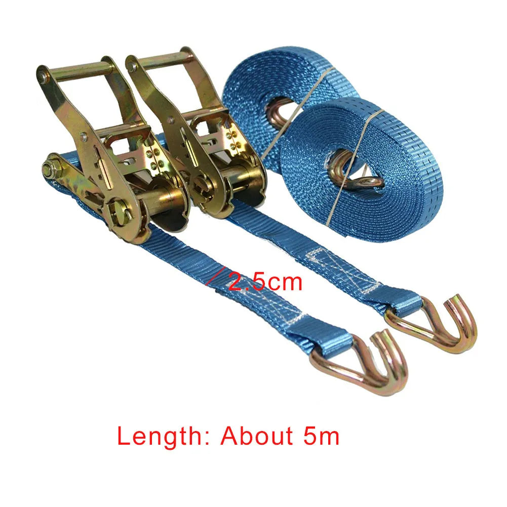 Ratchet tensioner double hook fastening strap with steel hardware and polyester webbing for cargo binding