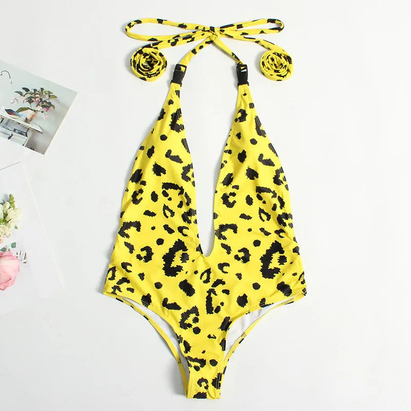 Women's leopard print bandage one-piece swimsuit with buckle detail and backless design
