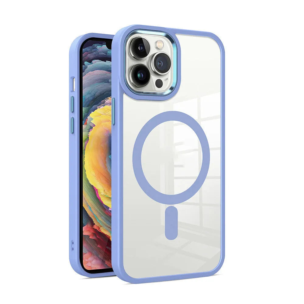 Transparent magnetic iPhone case showing MagSafe compatibility with solid silicone colour options