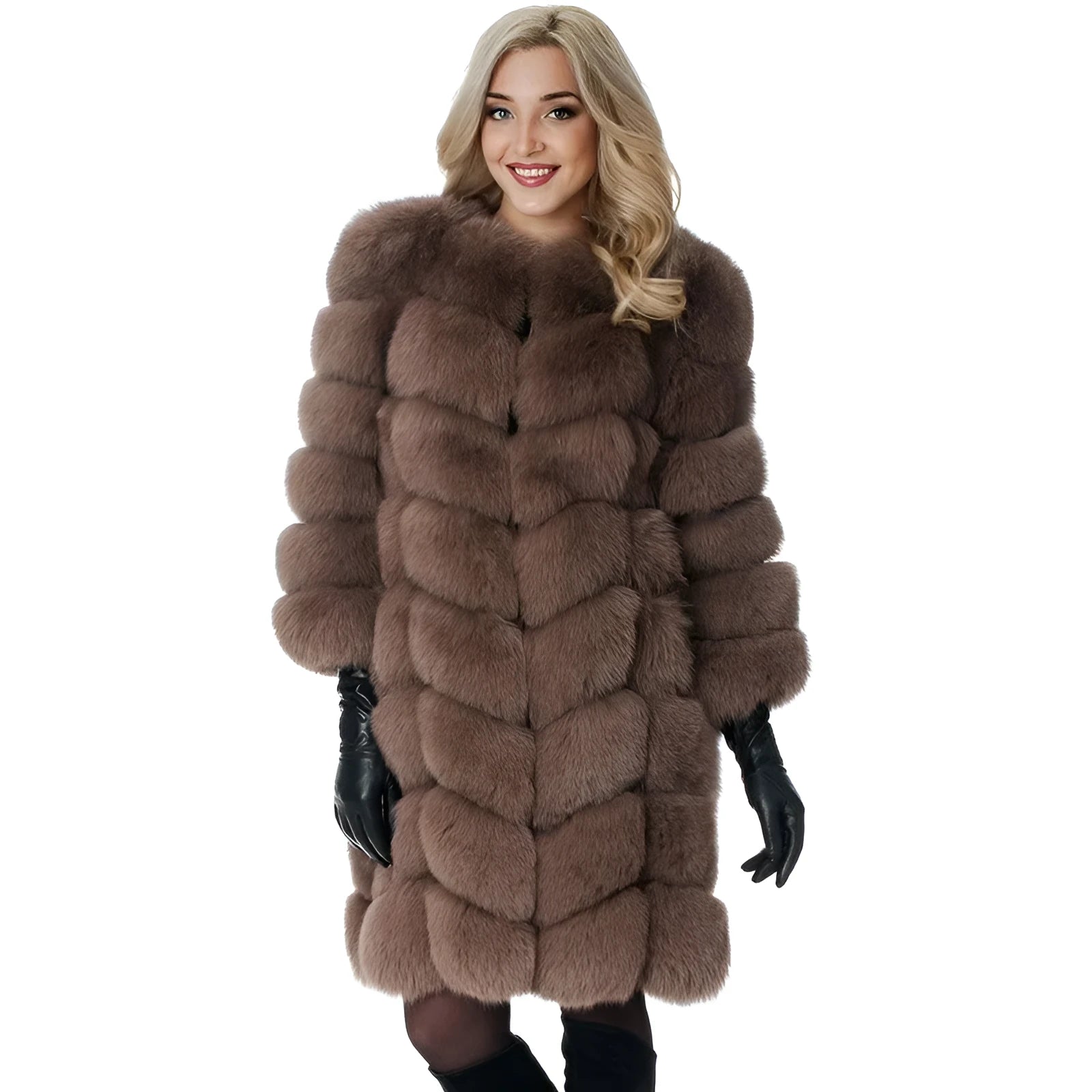 Women's thick black artificial fur coat with regular sleeves on a model.