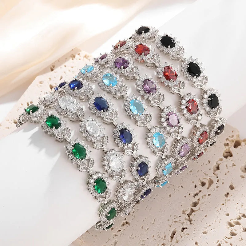 Women's simple inlaid zircon bracelet in environmentally friendly alloy with nine gemstone colour options