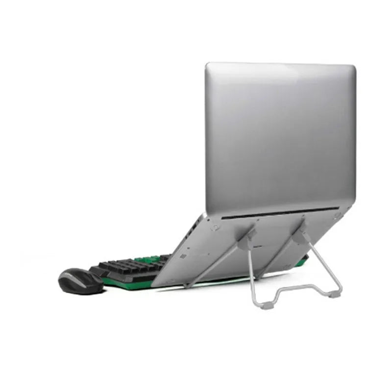 Grey aluminium alloy and plastic foldable stand holding a mobile phone and a laptop.