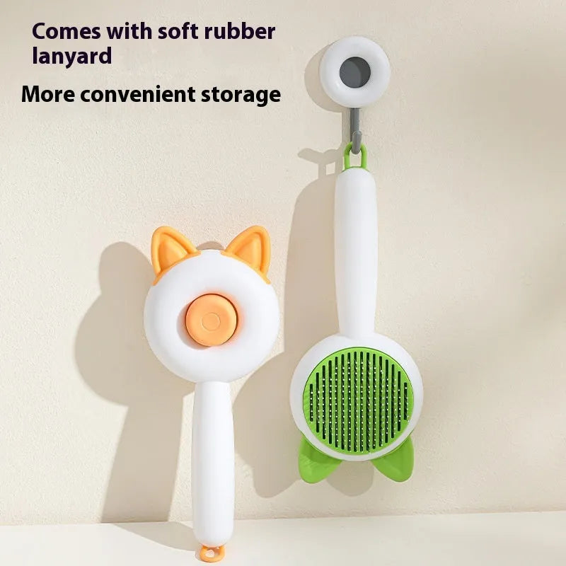 Self-cleaning cat grooming comb in greenish white and orange white colour options