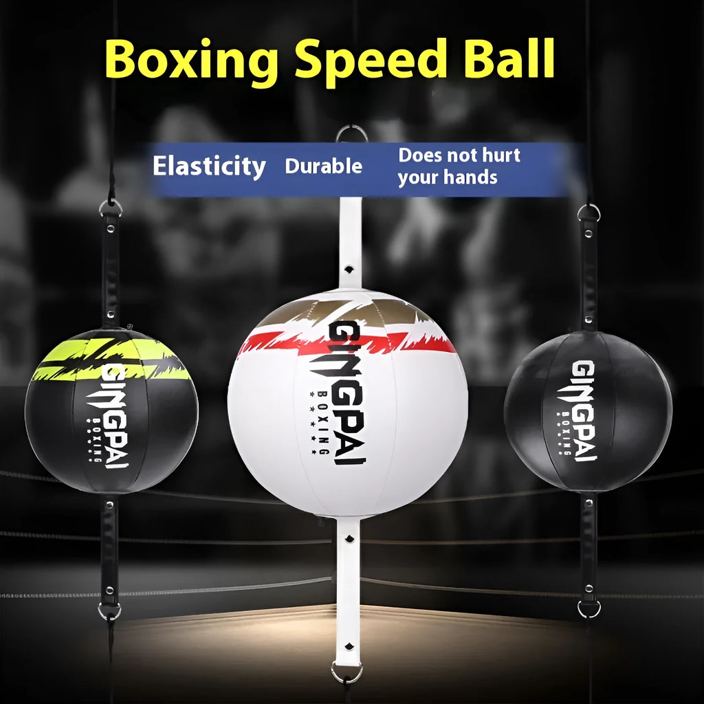A hanging boxing speed ball made of PU leather for reaction and dodge training drills.