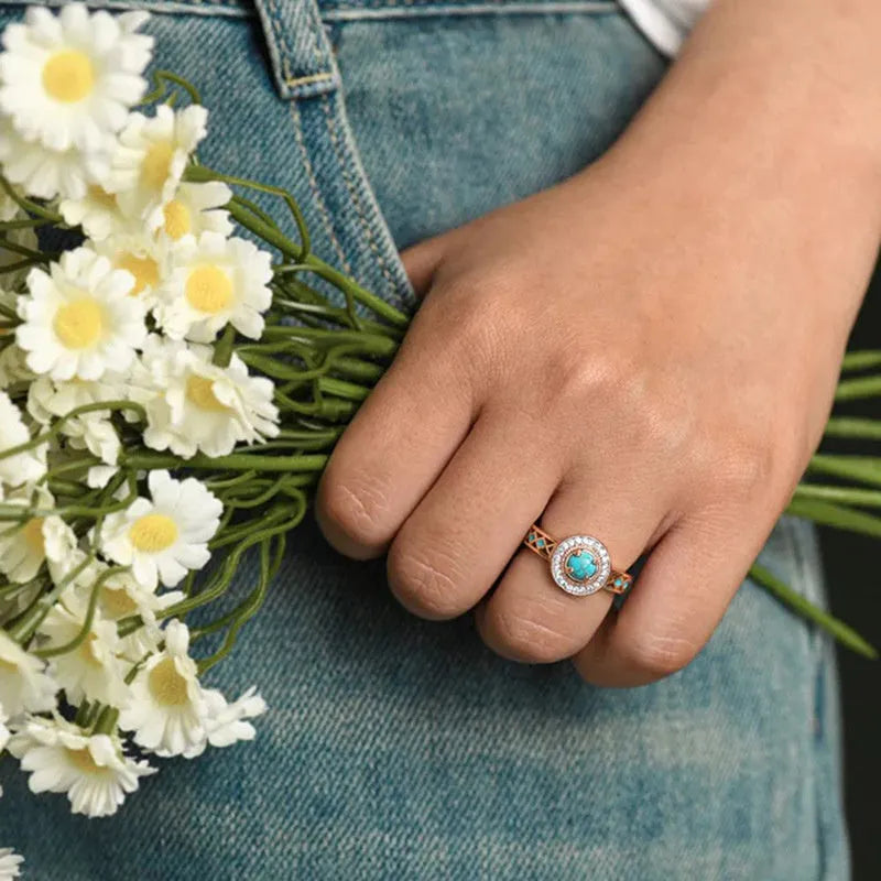 Women's turquoise ethnic style ring with oil micro inlaid zircon on rose gold copper geometry band