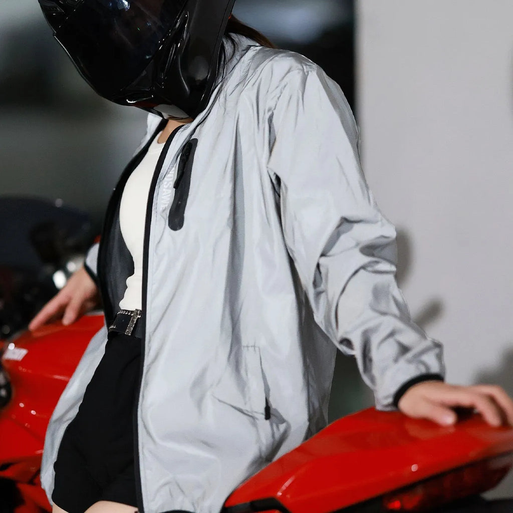 Silver waterproof polyester windproof long sleeved jacket showing front view