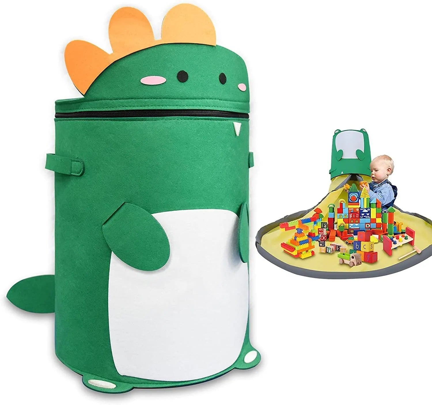 Green cube-shaped felt storage bag with a pull rope, shown as a toy organiser and play mat.