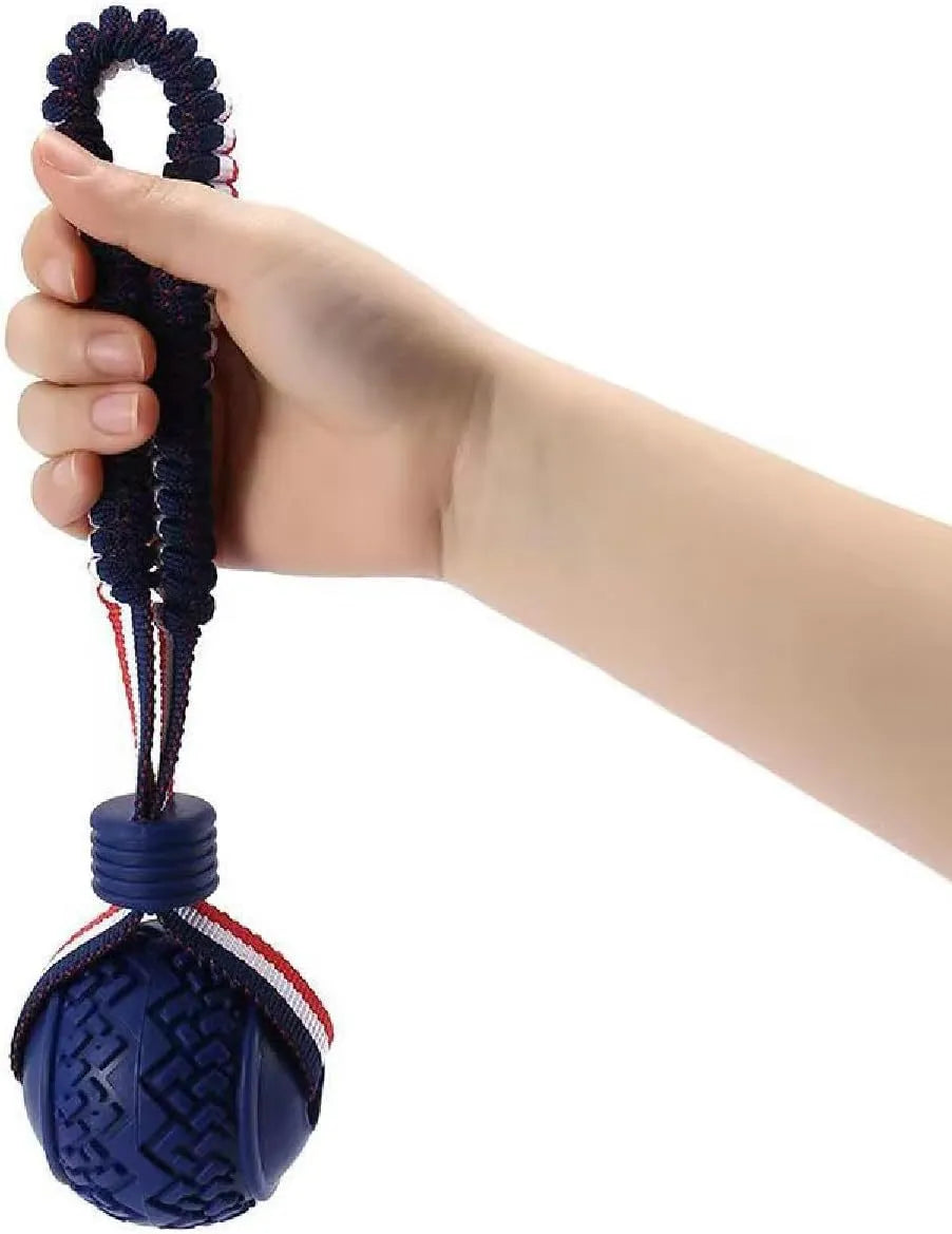 Blue dog ball with rope toy showing textured rubber surface and rope handle for tug-of-war games