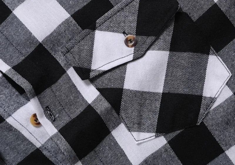 Men's black and white check long-sleeved shirt with lapel collar and double chest pockets