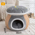 Mushroom-shaped cat bed with detachable plush blanket in grey, pink or purple colour