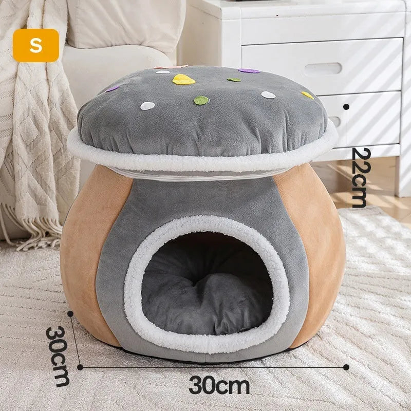 Mushroom-shaped cat bed with detachable plush blanket in grey, pink or purple colour