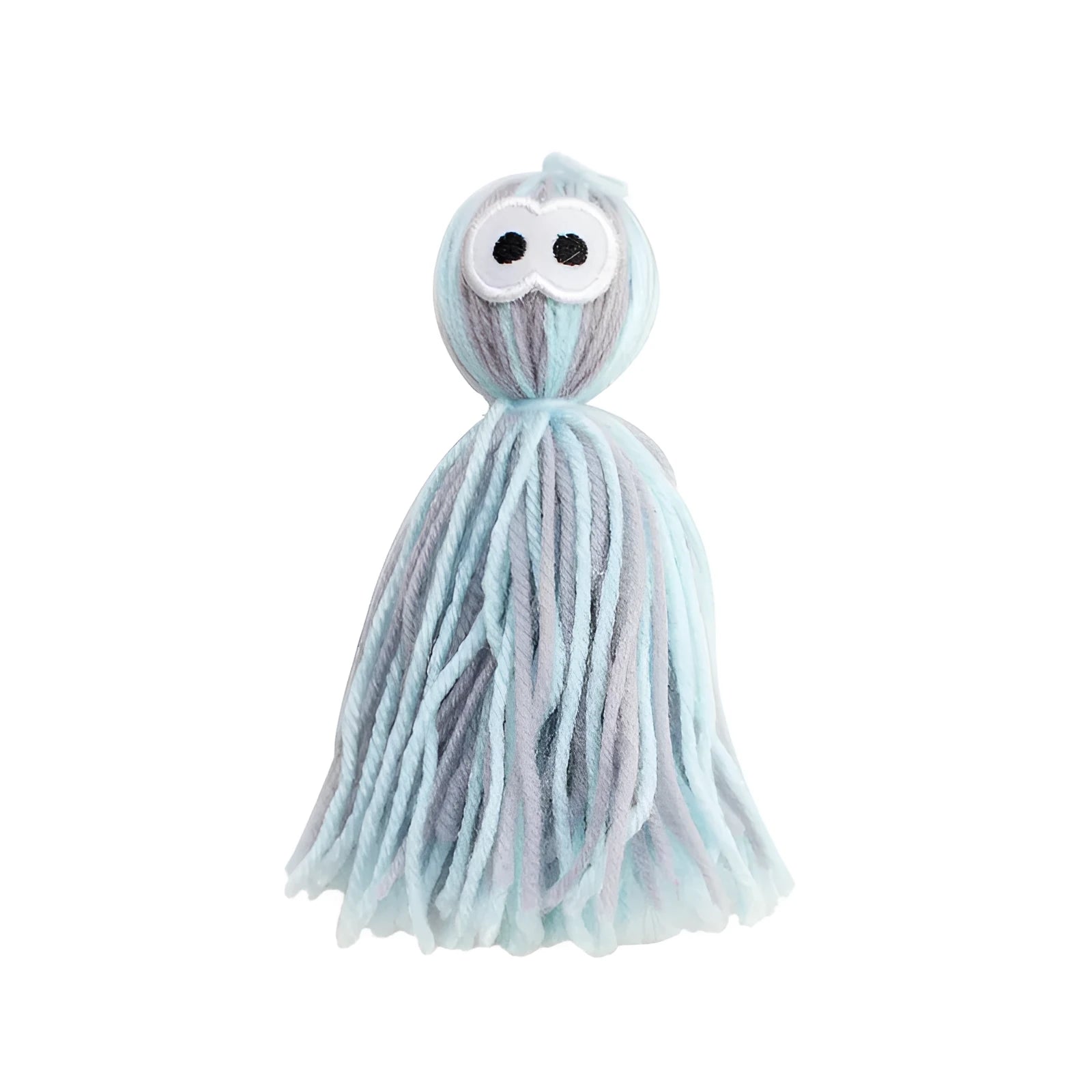Blue grey hanging wool ball cat toy and teaser stick on a plain background.