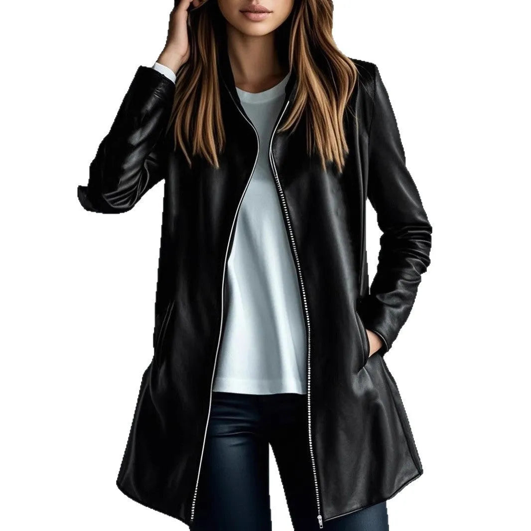 Women's black polyester leather jacket with 65cm medium length and long sleeves
