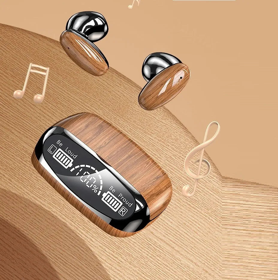 M35 wood grain wireless Bluetooth earbuds with charging case on a neutral background