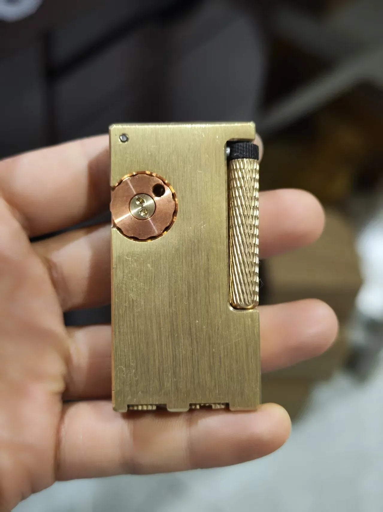 Brass fire machine arm lifting kerosene lighter with side sliding ignition and red copper finish