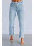 Women's straight leg denim jeans in dark blue and light blue, showcasing hand-worn craft details on cotton fabric.
