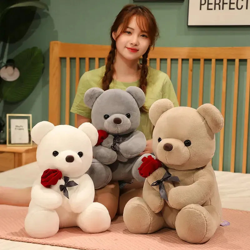 Soft plush rose bear teddy doll in beige, brown, or grey, shown in multiple size options.