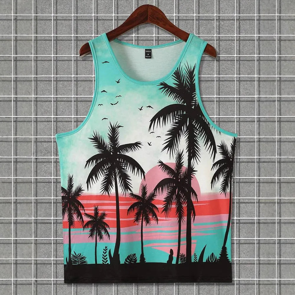 Men's 3D printed Hawaiian style sleeveless vest t-shirt in solid colour with polyester fabric