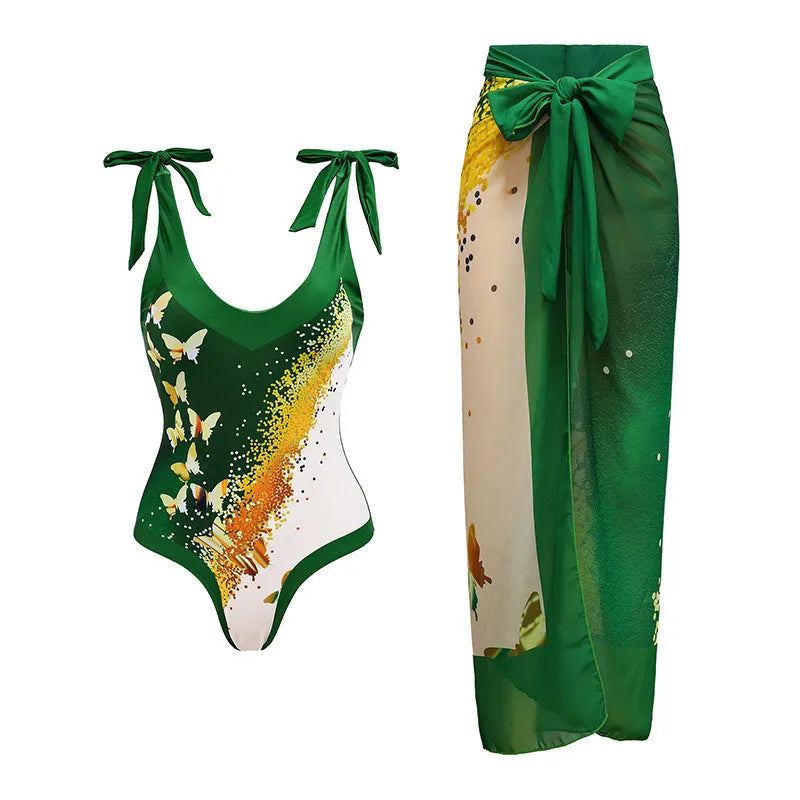 Women's solid colour one-piece swimsuit with spaghetti straps and a removable skirt attached