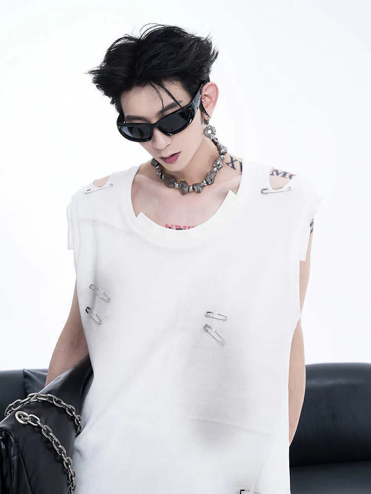 Men's black sleeveless waistcoat vest with irregular cut and ripped design detail on a hanger.