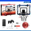 Red and blue folding basketball frame toy with suction cups mounted on a wall, shown with a basketball.