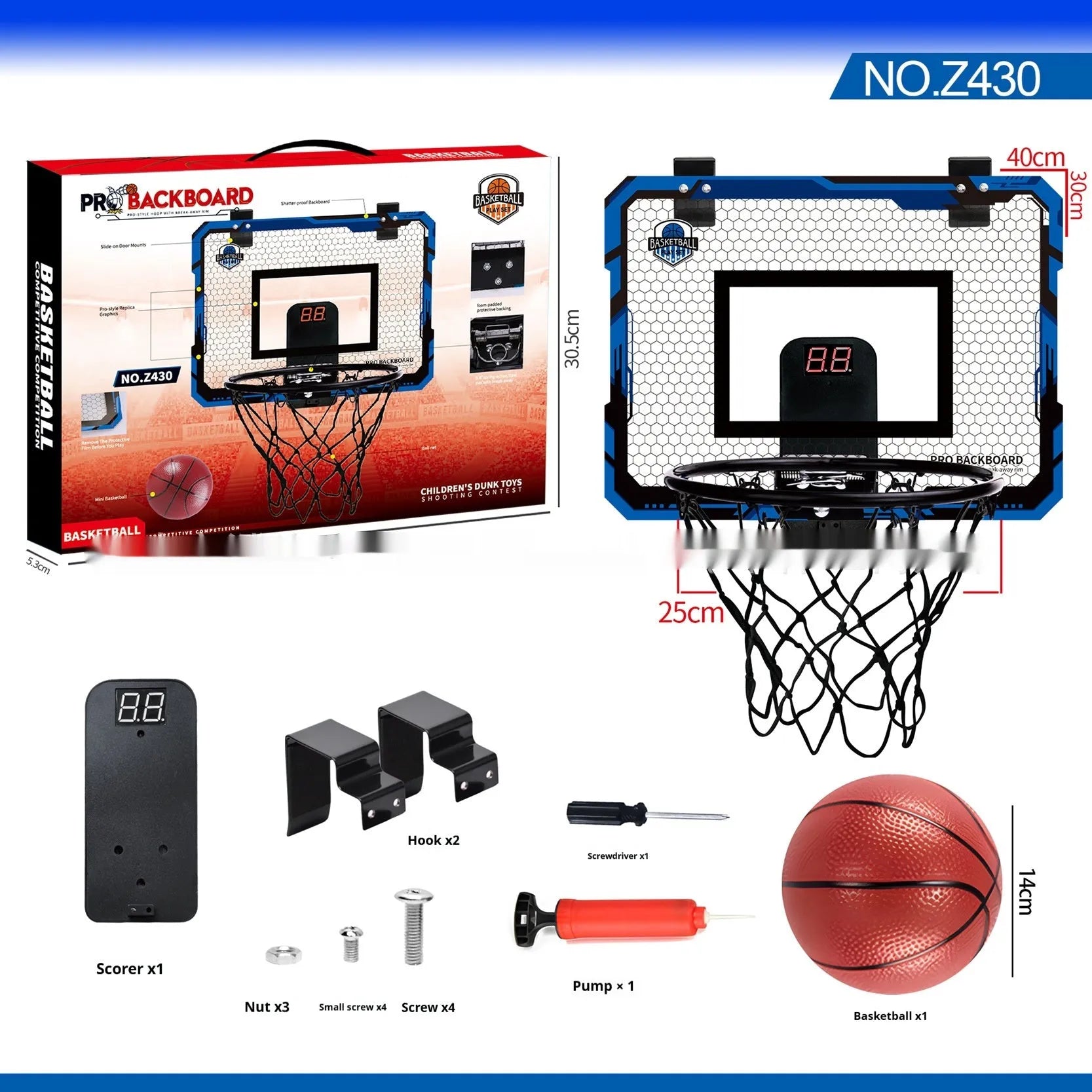 Red and blue folding basketball frame toy with suction cups mounted on a wall, shown with a basketball.