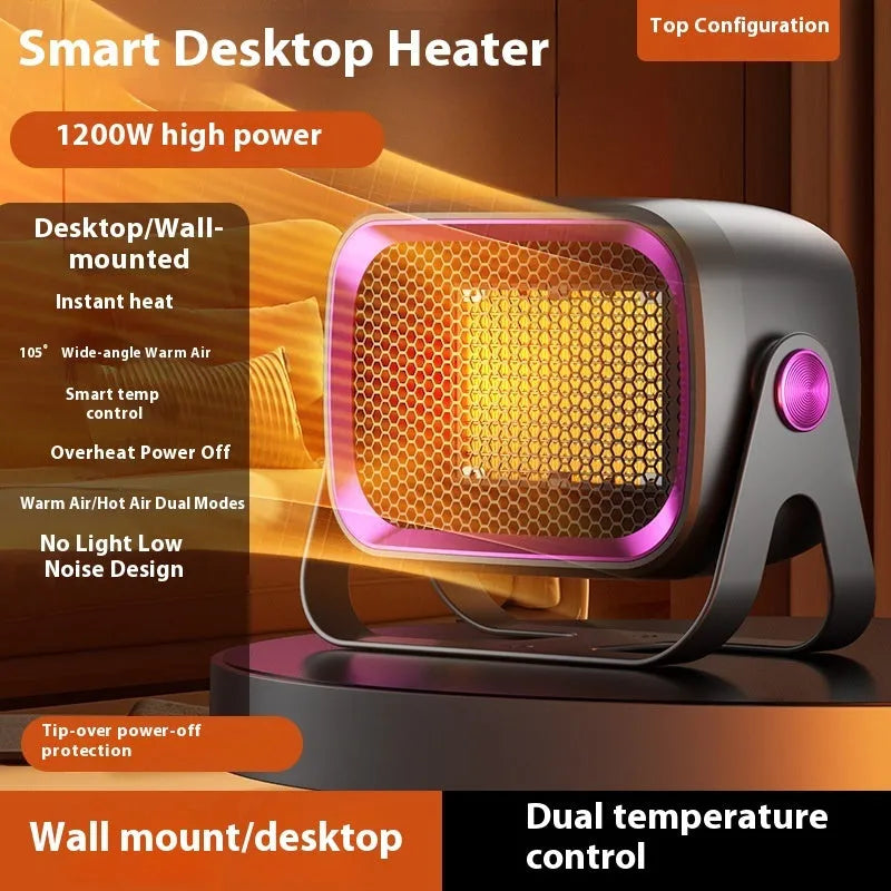 Compact white desktop ceramic heater with rotatable design and push-button controls.