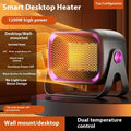 Compact white desktop ceramic heater with rotatable design and push-button controls.
