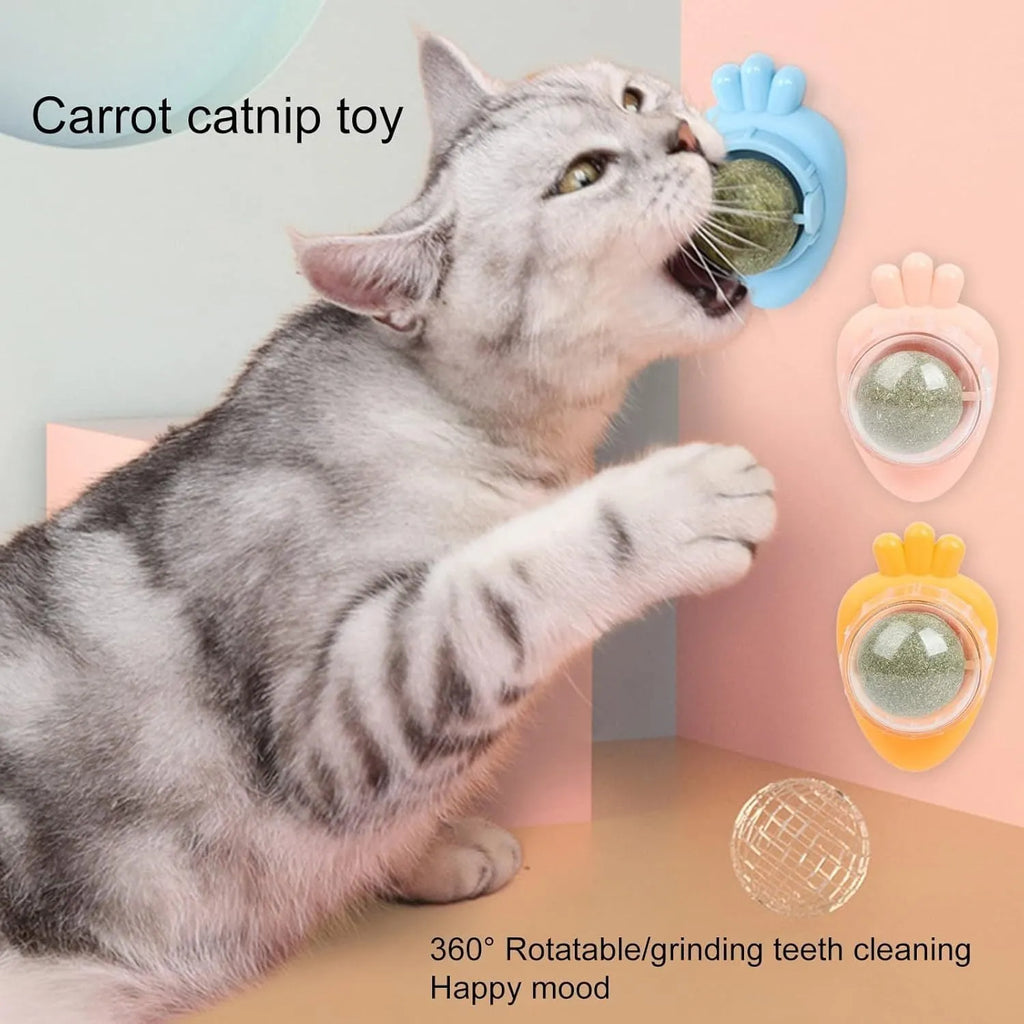 Blue carrot-shaped catnip toy with self-adhesive sticker for wall mounting and cat dental cleaning