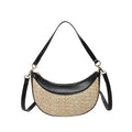 Women's hard straw dumpling-shaped crossbody bag in multiple colours with contrast stitching and internal organiser pockets.