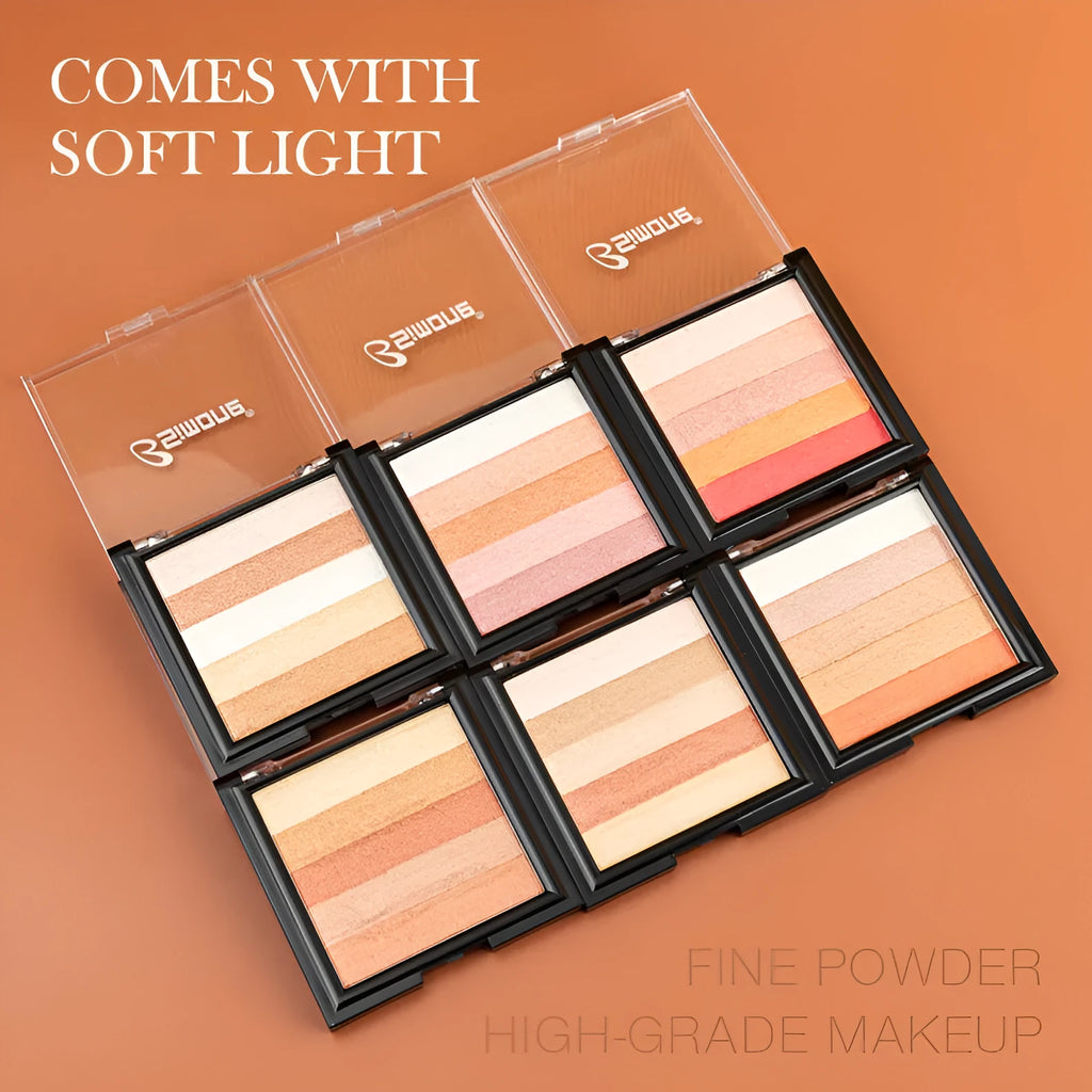 Eye shadow palette compact for highlighting and contouring, showing six colour style options with 12g net content.