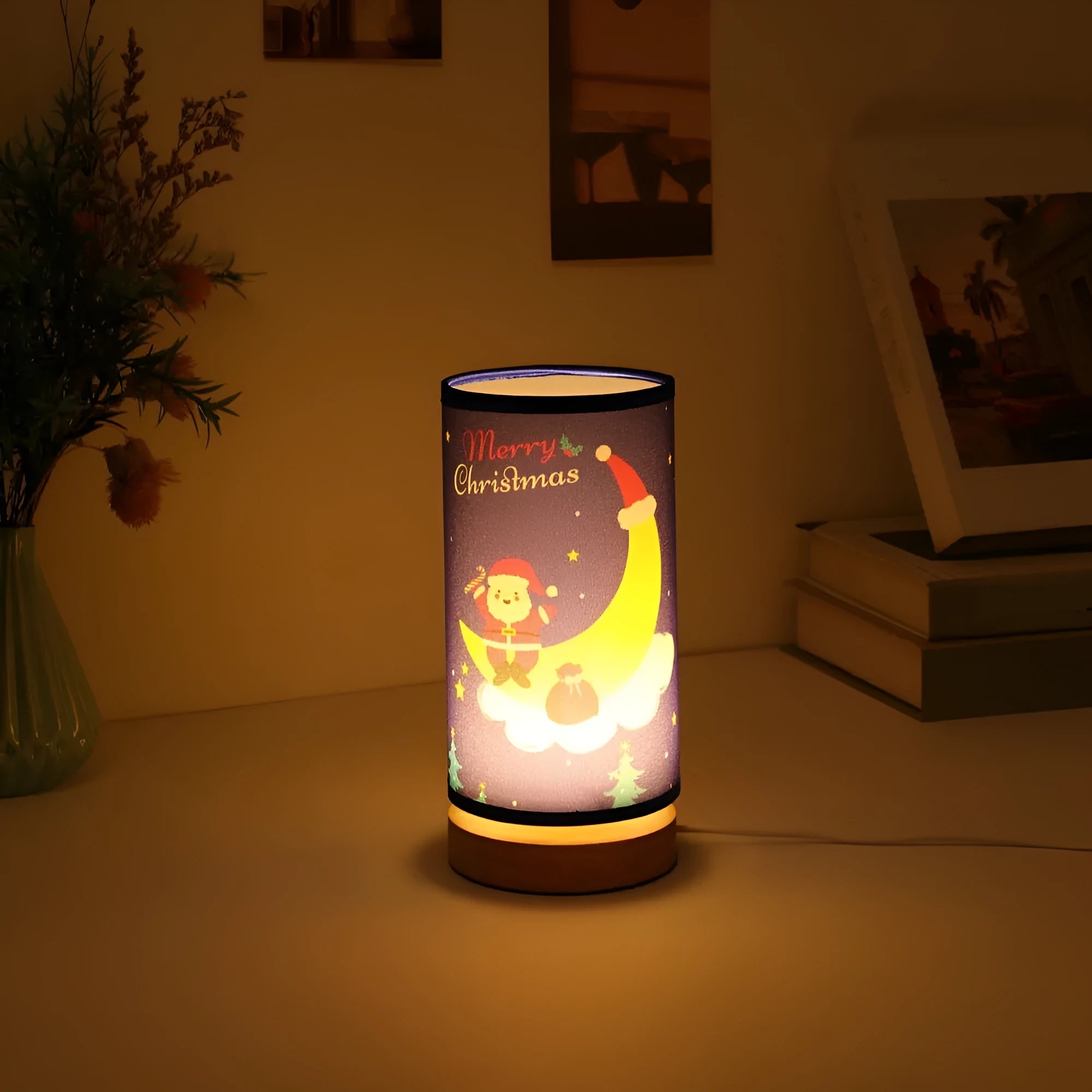 Moon Santa Claus LED night light with bamboo lamp holder and USB plug