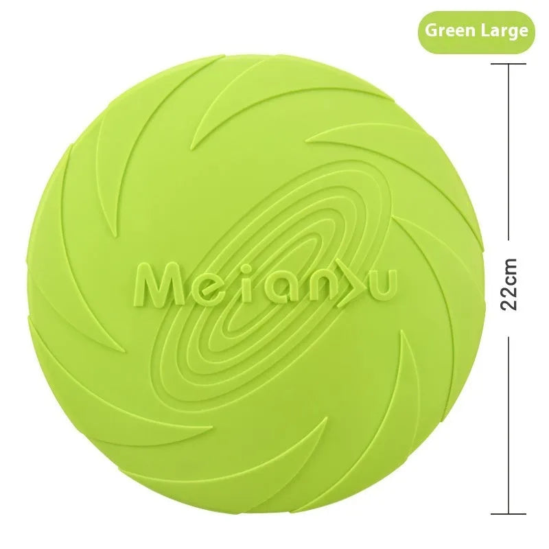Soft rubber dog frisbee toy for outdoor fetch, shown in three sizes and red, blue, green colour options.