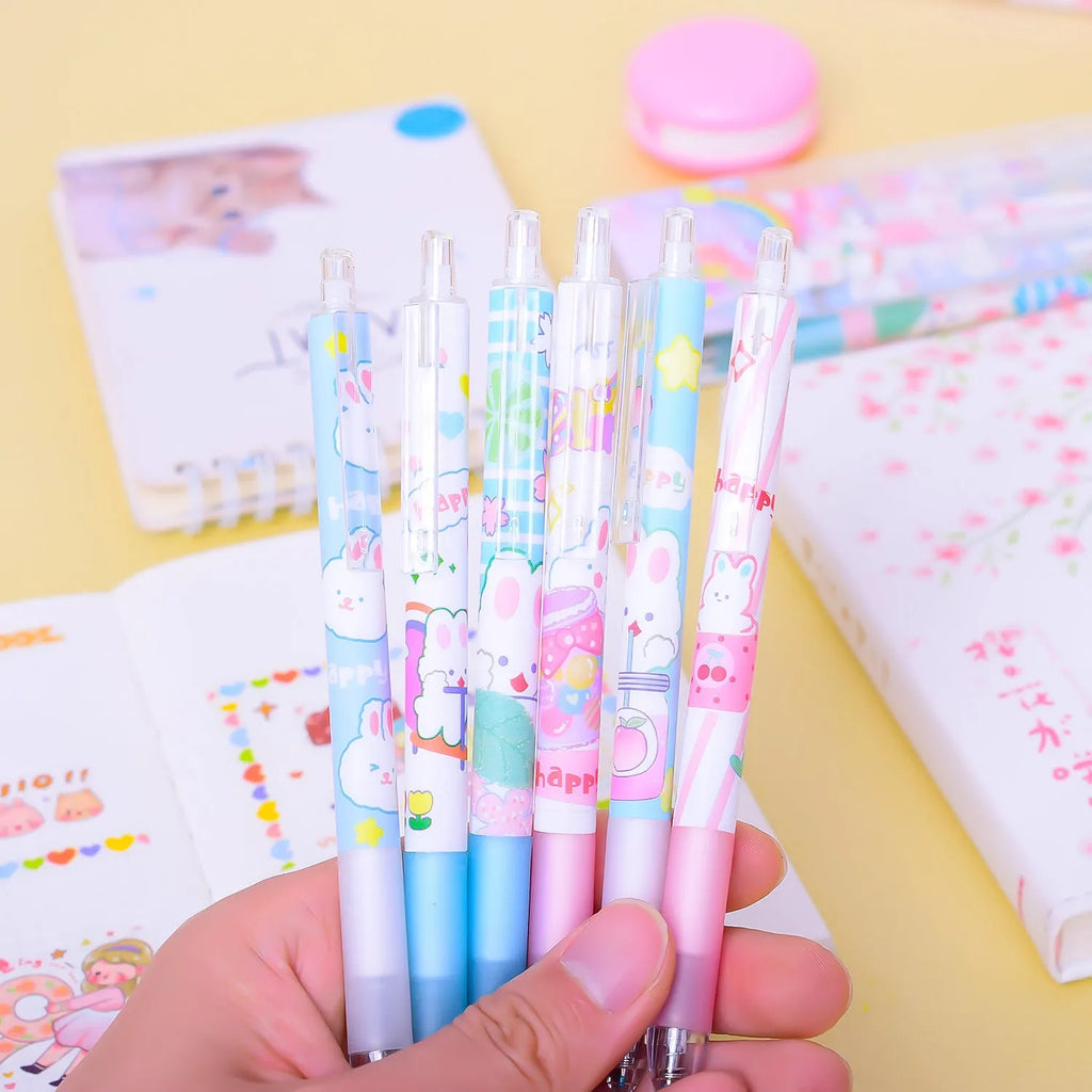Six black ballpoint pens with cartoon bunny design and 0.5mm tips in packaging