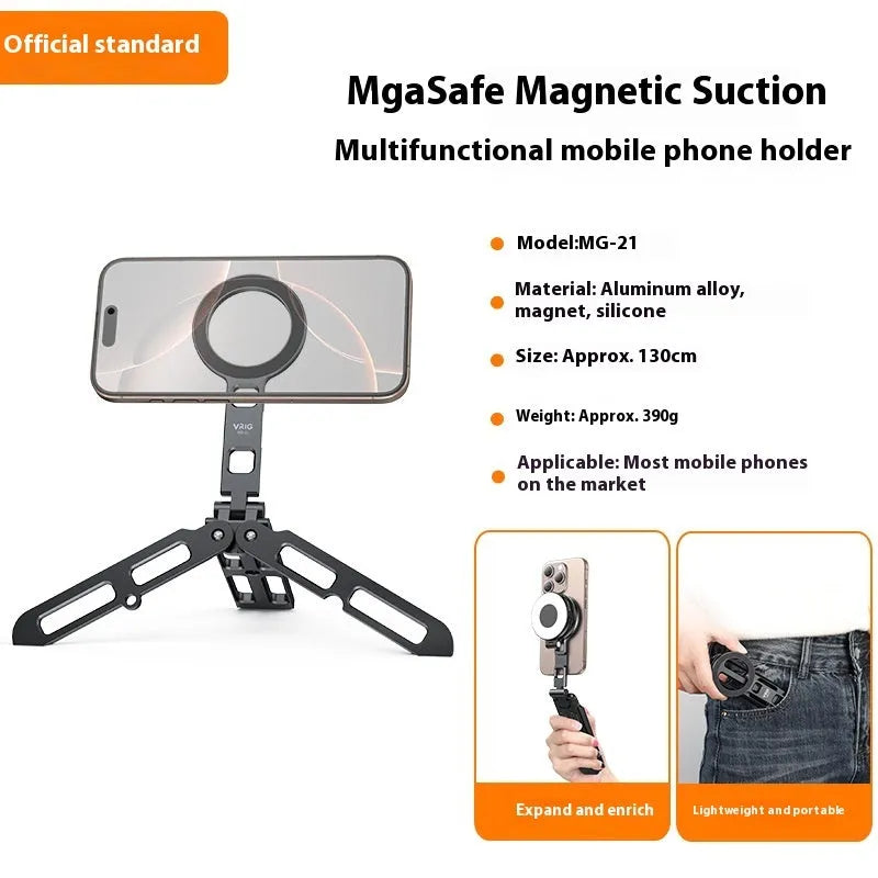 Black magnetic tripod bracket folded for travel, made of aluminum alloy, compatible with MagSafe and universal metal surfaces.