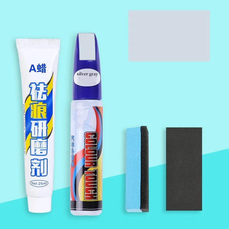 Car touch up paint pen and scratch repair kit four piece set with wax.