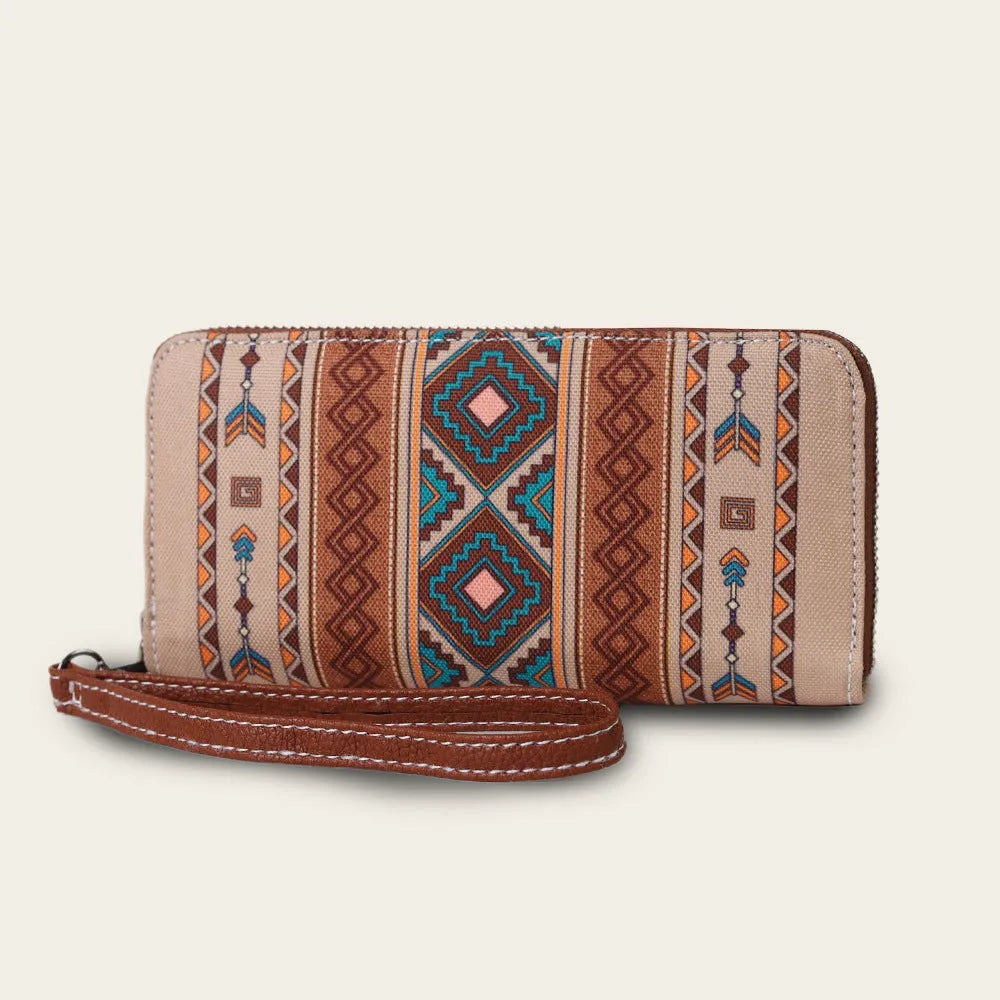 Striped canvas RFID wallet with bohemian pattern showing interior card slots