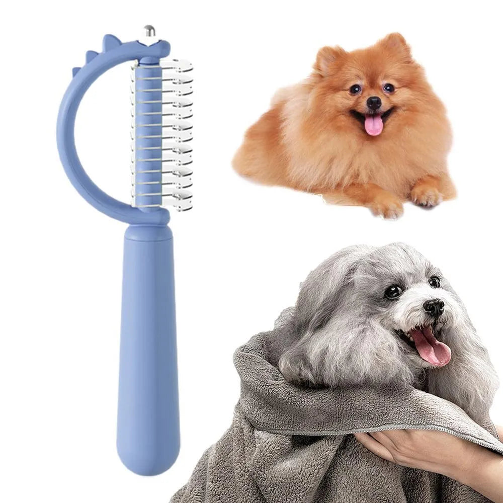 Blue dinosaur-shaped cat brush with double-sided grooming heads and self-cleaning button