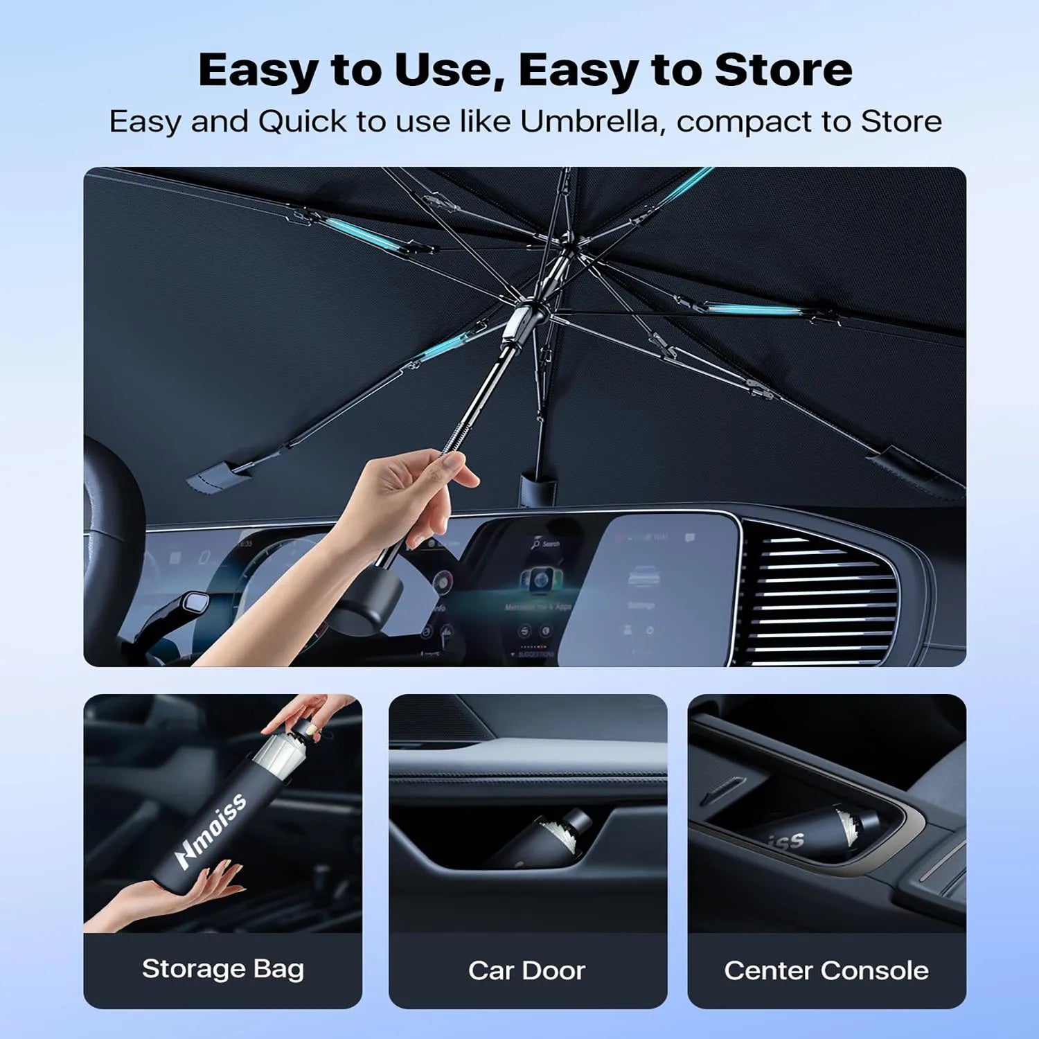 Silver reflective windshield sun shade umbrella with spring edge for car interior sun protection