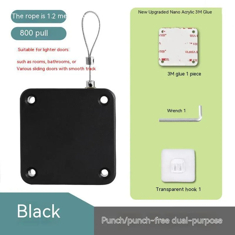 Automatic door closer in black ABS housing with steel wire rope, measuring 63x63x18mm, for sliding doors and glass doors